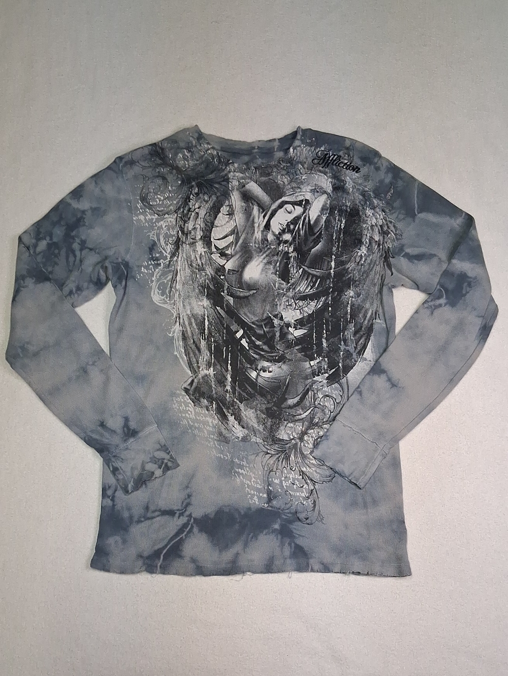 Affliction Women's Gray Tie-Dye Angel Graphic Long Sleeve Tee